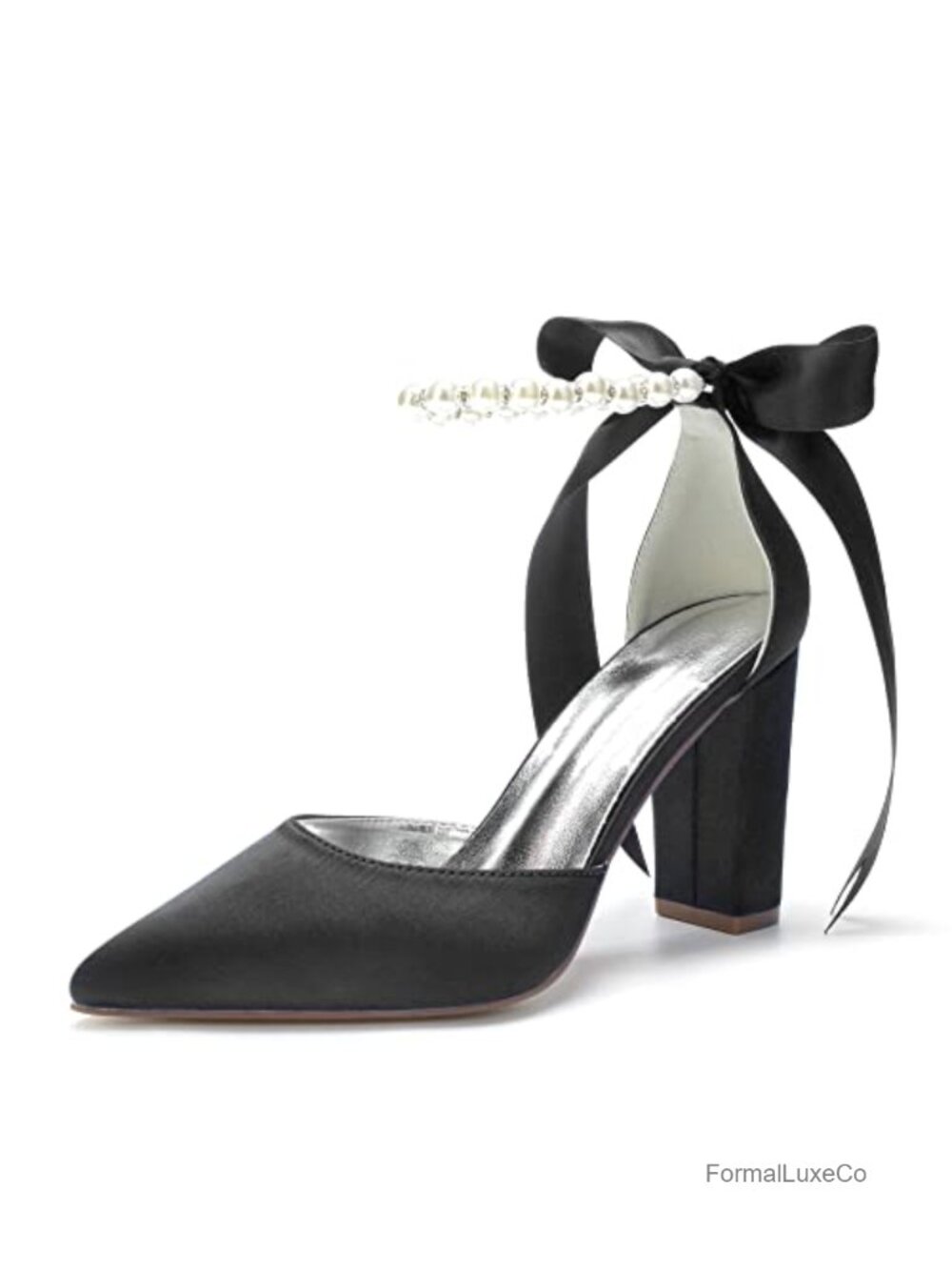 Satin Pointed Toe High Chunky Heels Pumps with Pearls Block Heel Bridal Dressy